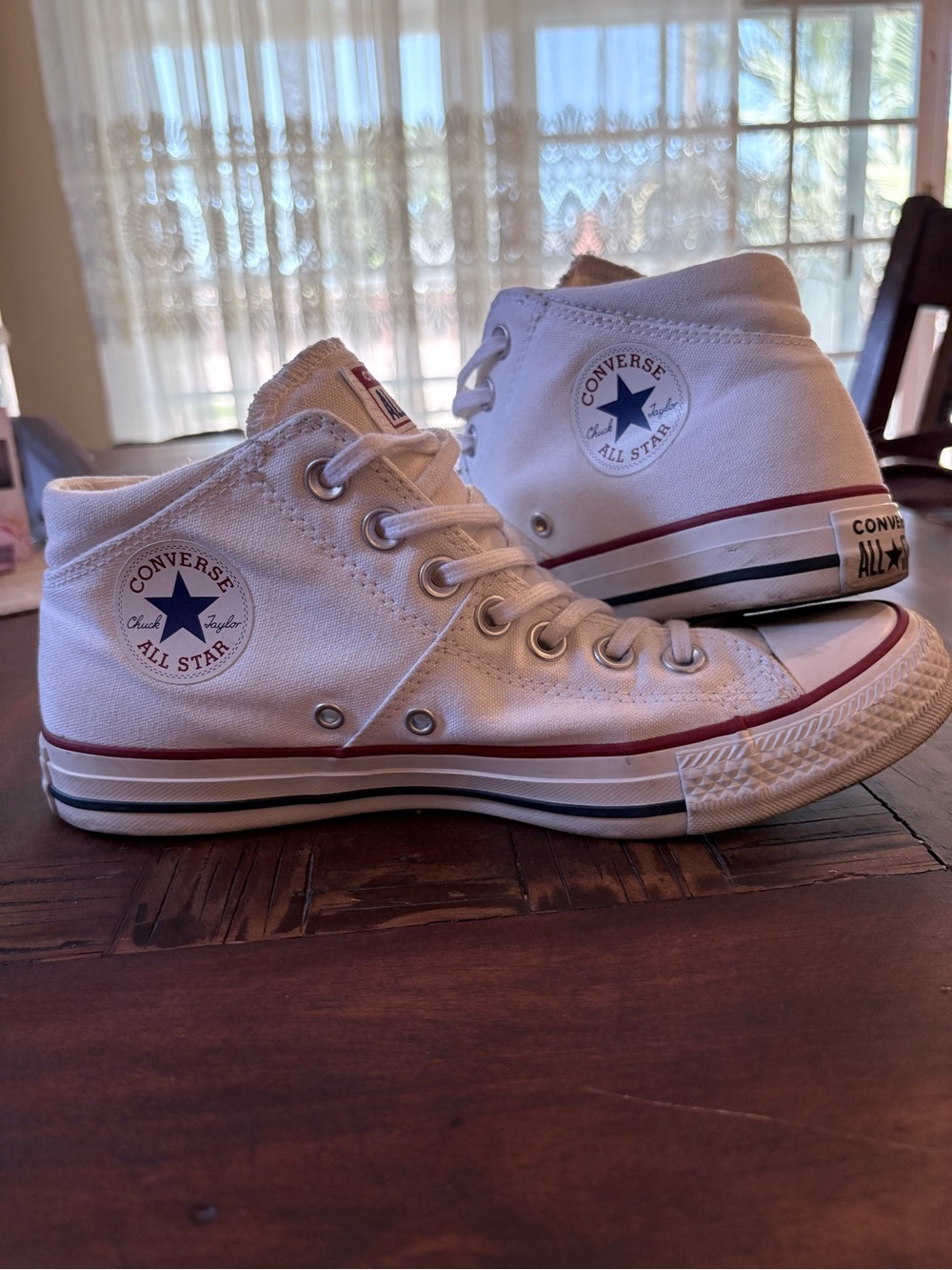 Converse White High Top Sneakers with Red & Navy Trim